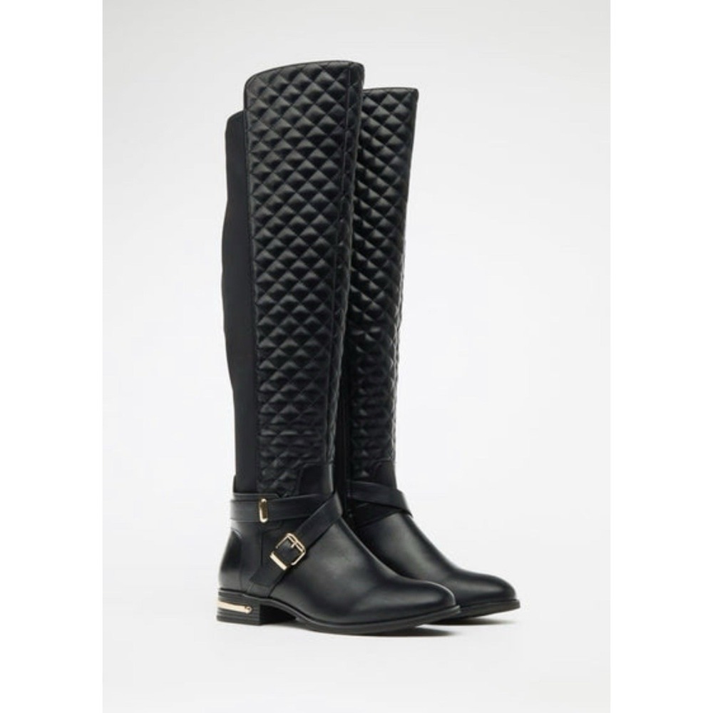 Annabeth by JUSTFAB (SHOEDAZZLE) Black quilted faux leather riding boots, SZ 7 - Picture 5 of 16